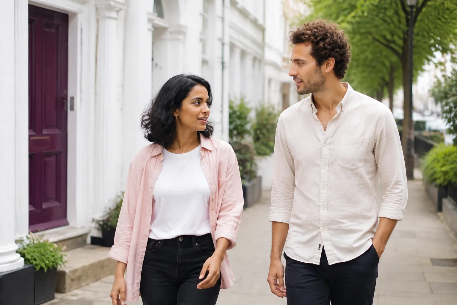 A woman and a man walking together along a sunny neighbourhood pavement.