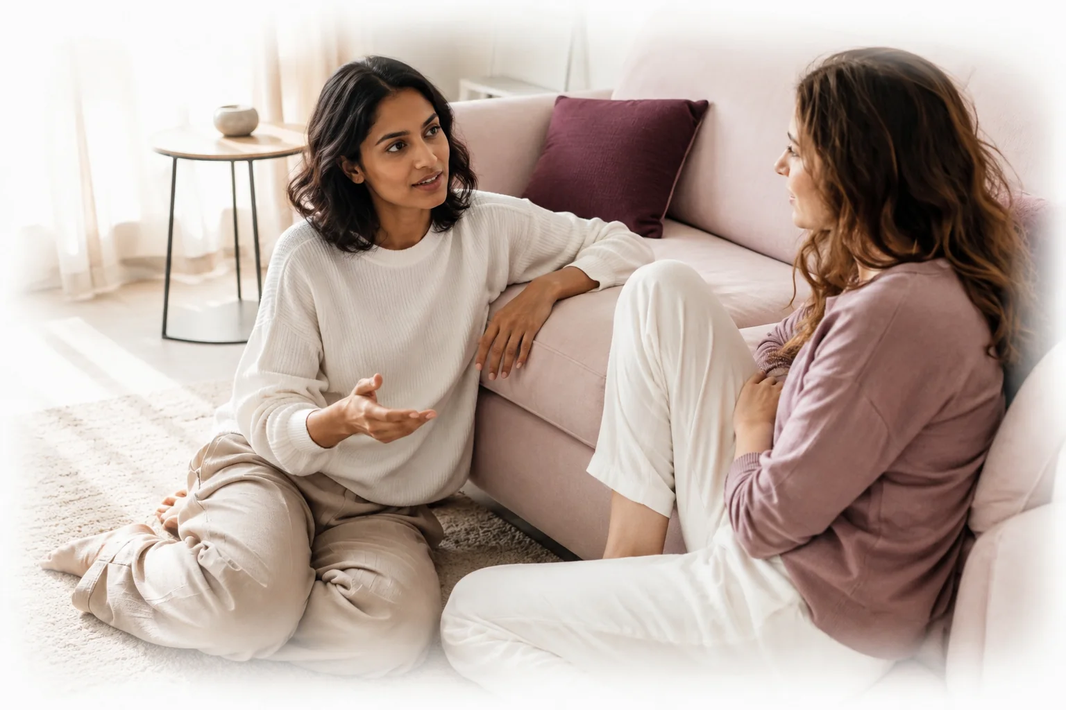 A woman sitting on a rug and talking with a friend on a sofa in a bright living room.