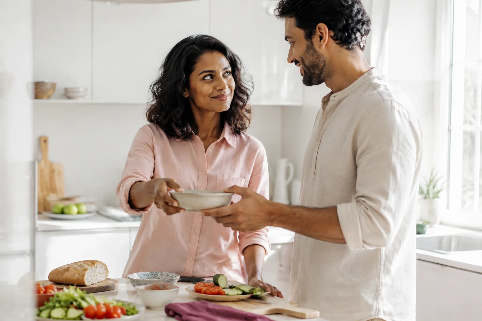A woman and her partner preparing lunch together in a bright kitchen.