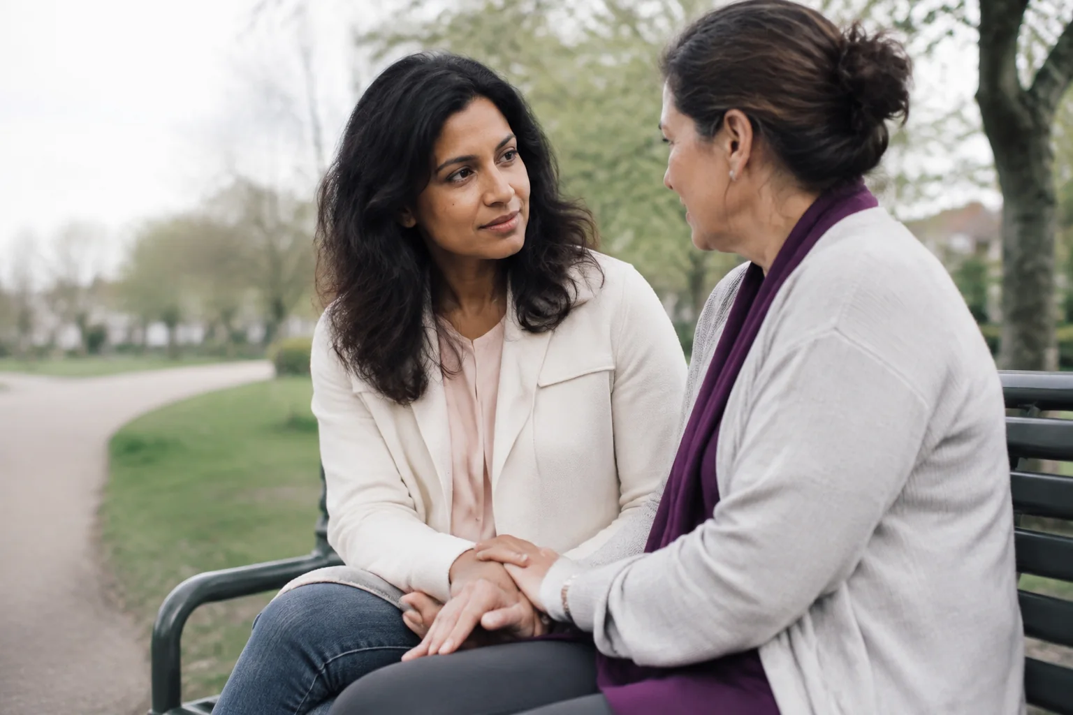 A woman sitting beside a companion on a park bench with their hands resting together.