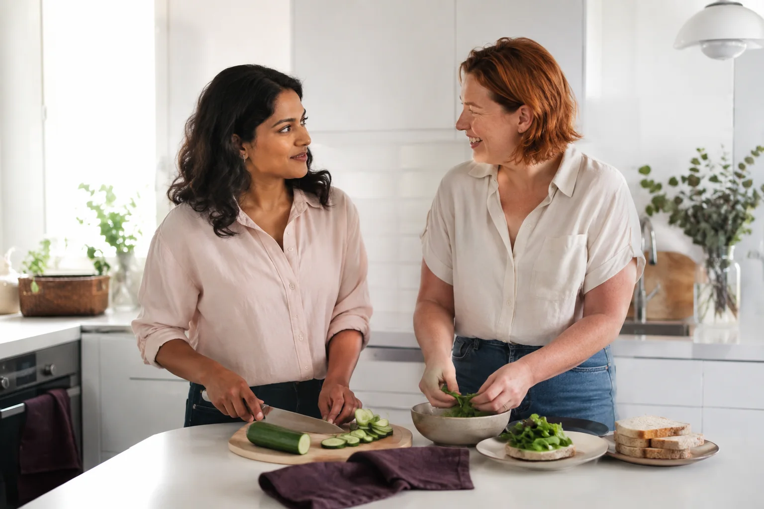 Two women chatting while preparing lunch in a bright kitchen.
