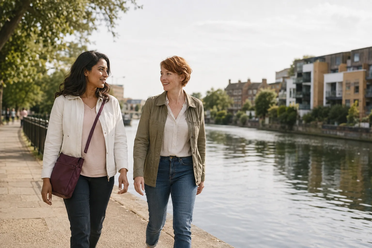Two women walking and talking beside a canal on a bright afternoon.