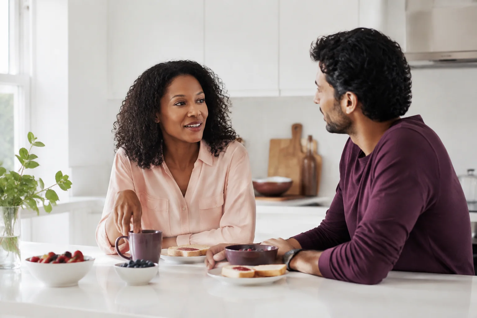A woman and her partner talking over breakfast in a bright kitchen.