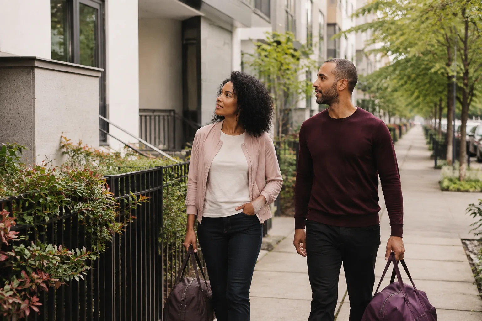 A woman and her partner walking through a residential neighbourhood with small travel bags.