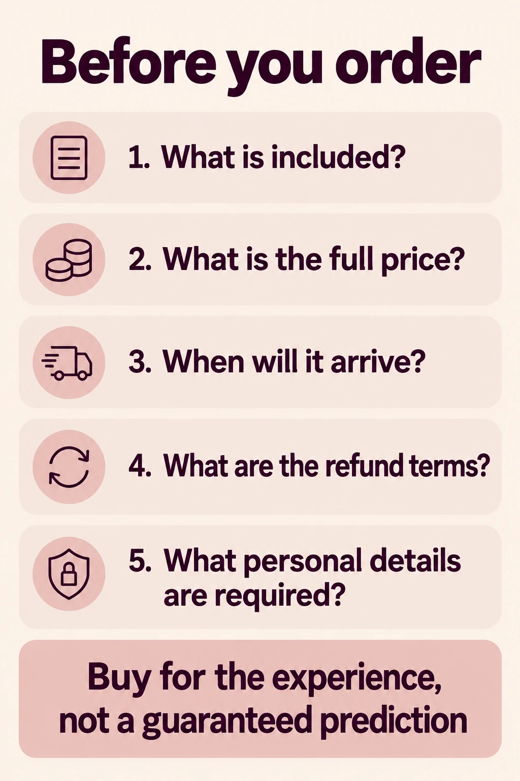 Before ordering, check inclusions, full price, delivery, refund terms and required personal details