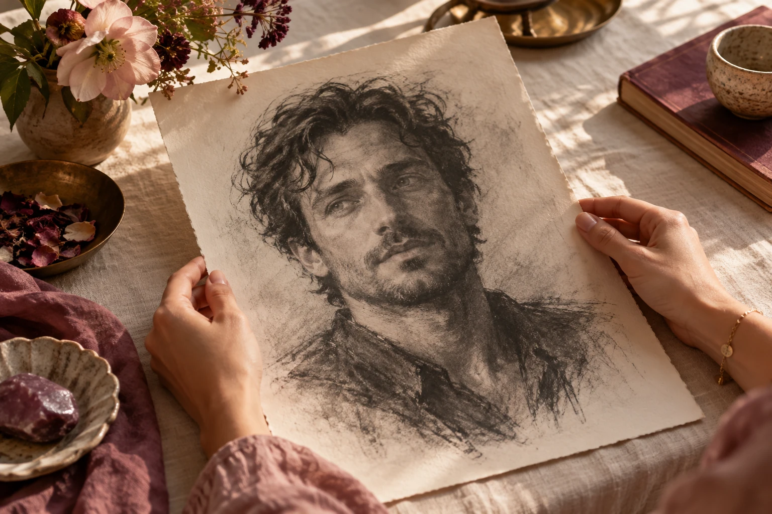 Hands holding an illustrative charcoal portrait on a cream linen table