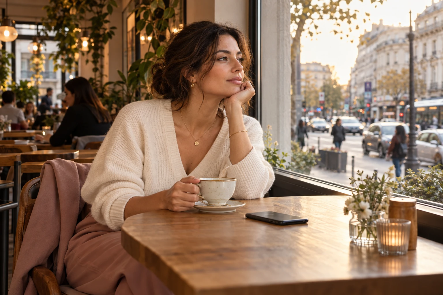 AI-generated illustration of a woman pausing with a cup in a sunlit cafe