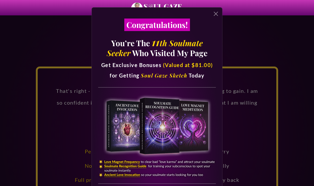 Soul Gaze Sketch promotional pop-up listing three bonuses