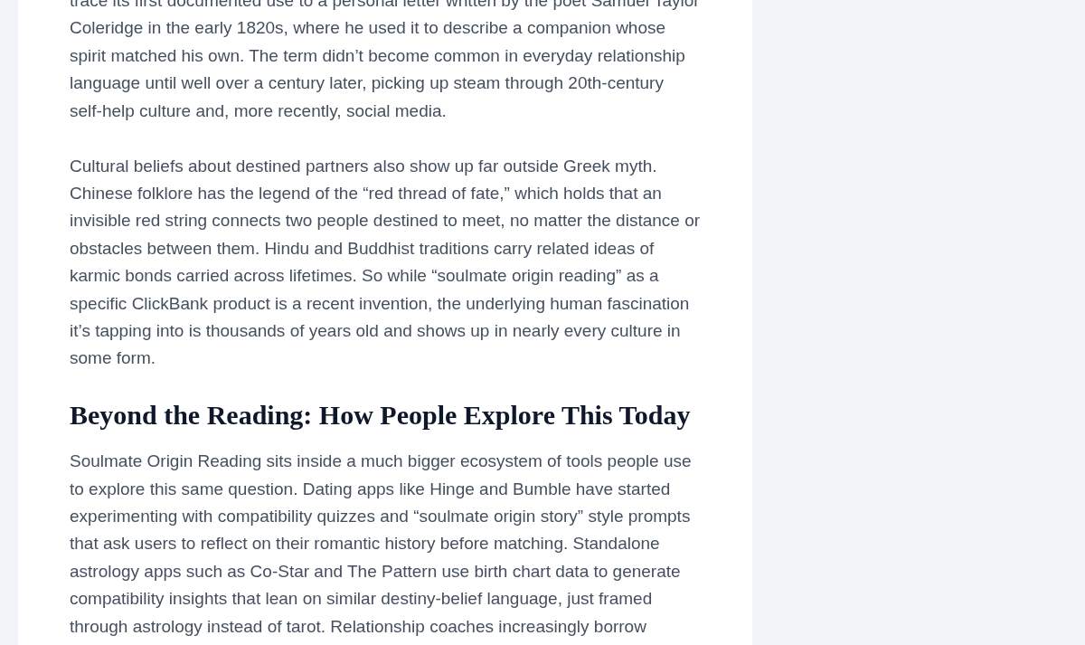 Biopreneur article section discussing soulmate beliefs and contemporary relationship tools