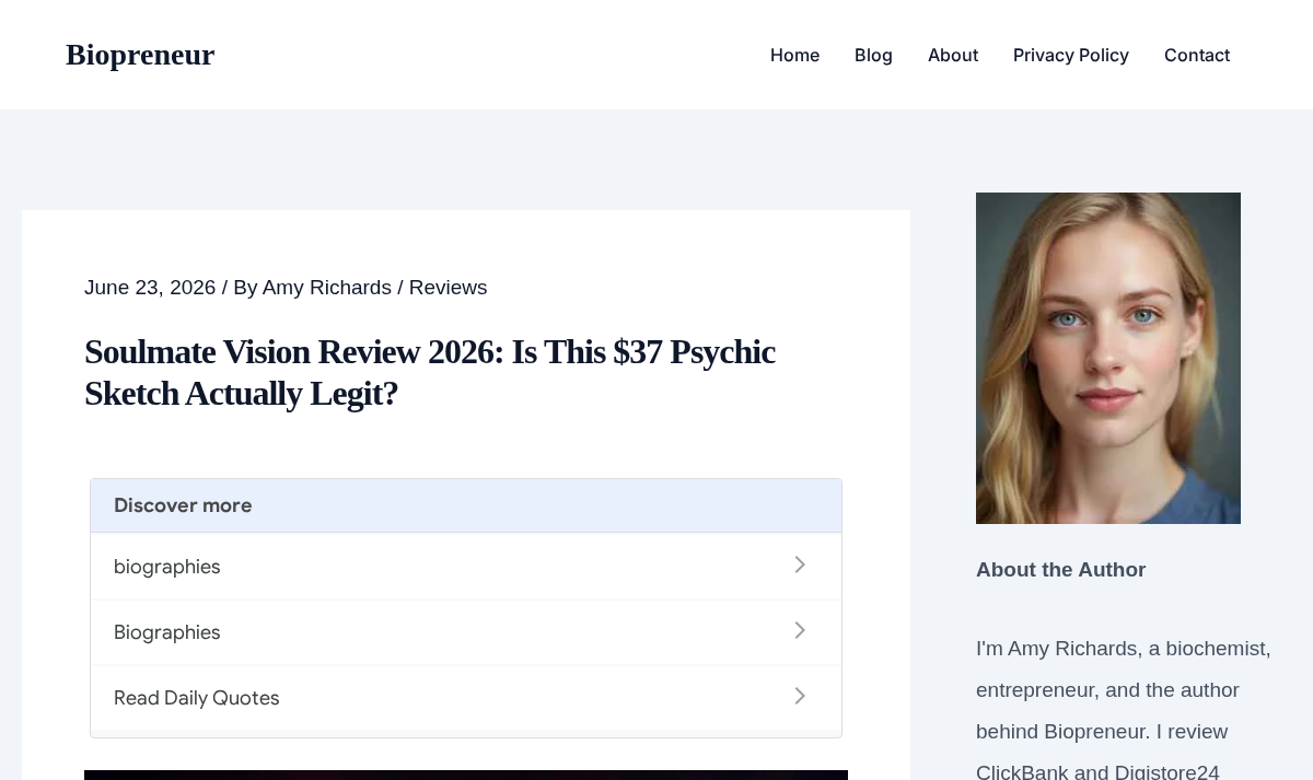 Biopreneur article heading about Soulmate Vision and author sidebar