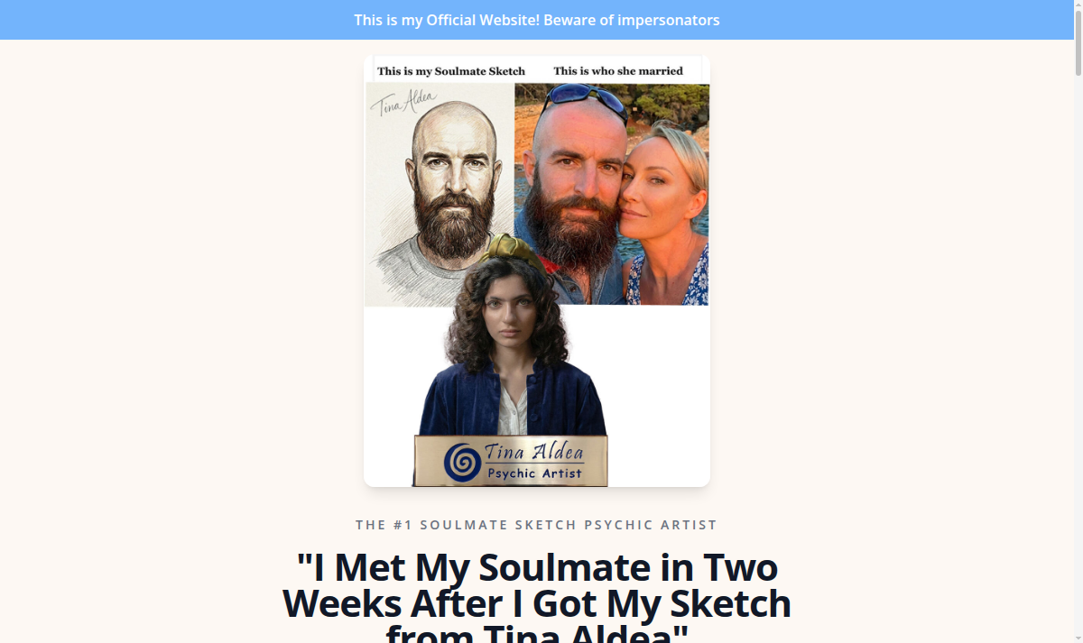 The official Tina Aldea psychic soulmate sketch website homepage