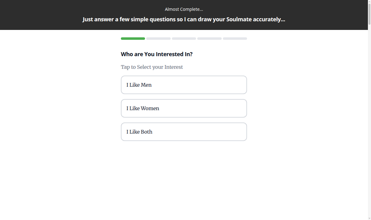 The opening step of the Tina Aldea soulmate sketch quiz asking who you are interested in