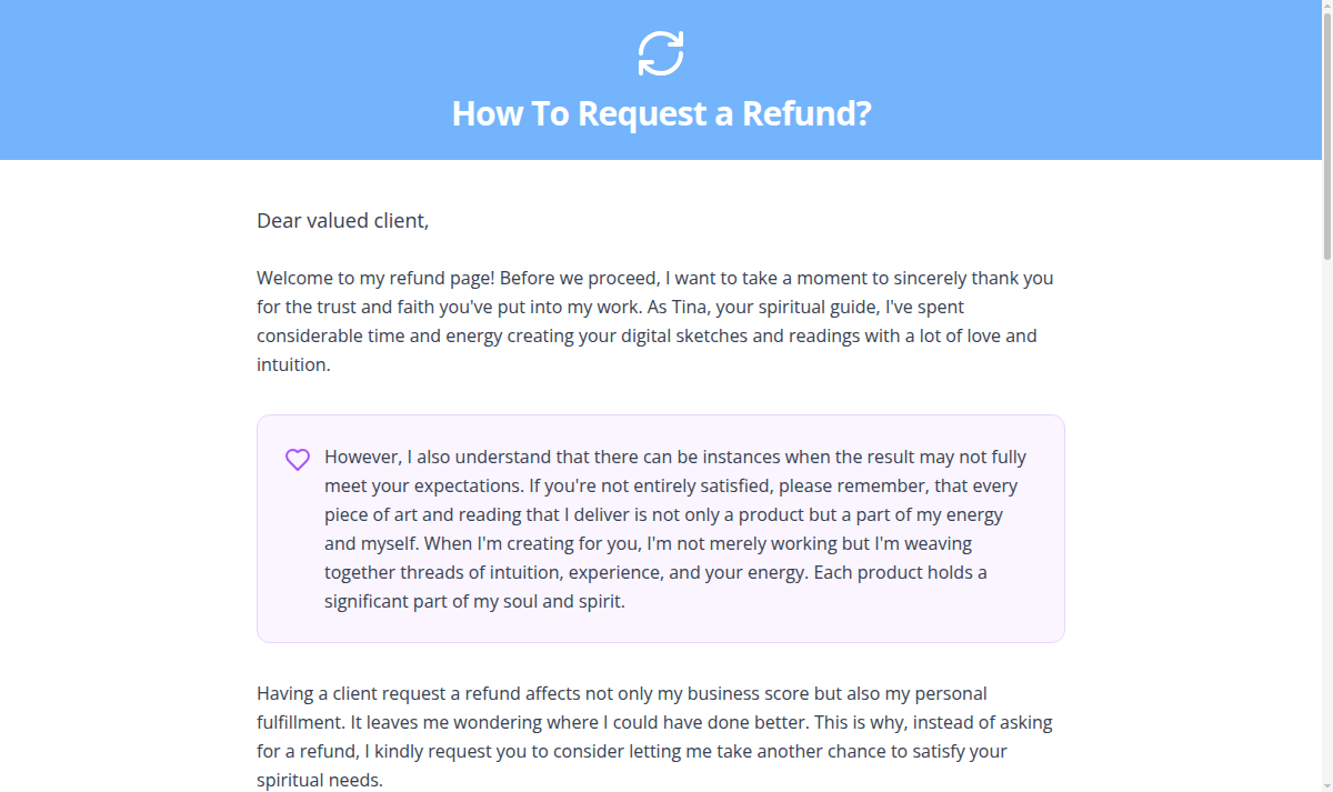 Opening of Tina Aldea's refund page with a request to consider another opportunity