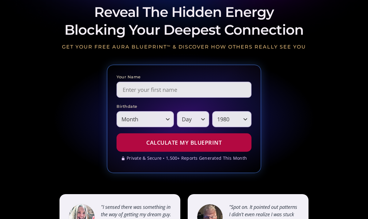 Aura Blueprint form and partial seller testimonial cards