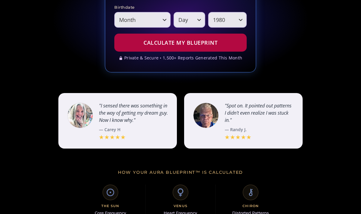 Twin Flame Frequency form, testimonial and Aura Blueprint calculation heading