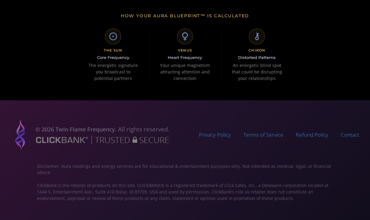 Twin Flame Frequency calculation text, entertainment disclaimer and footer links