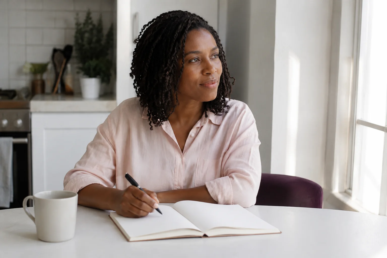 A woman sitting at a kitchen table with an open notebook and a mug.