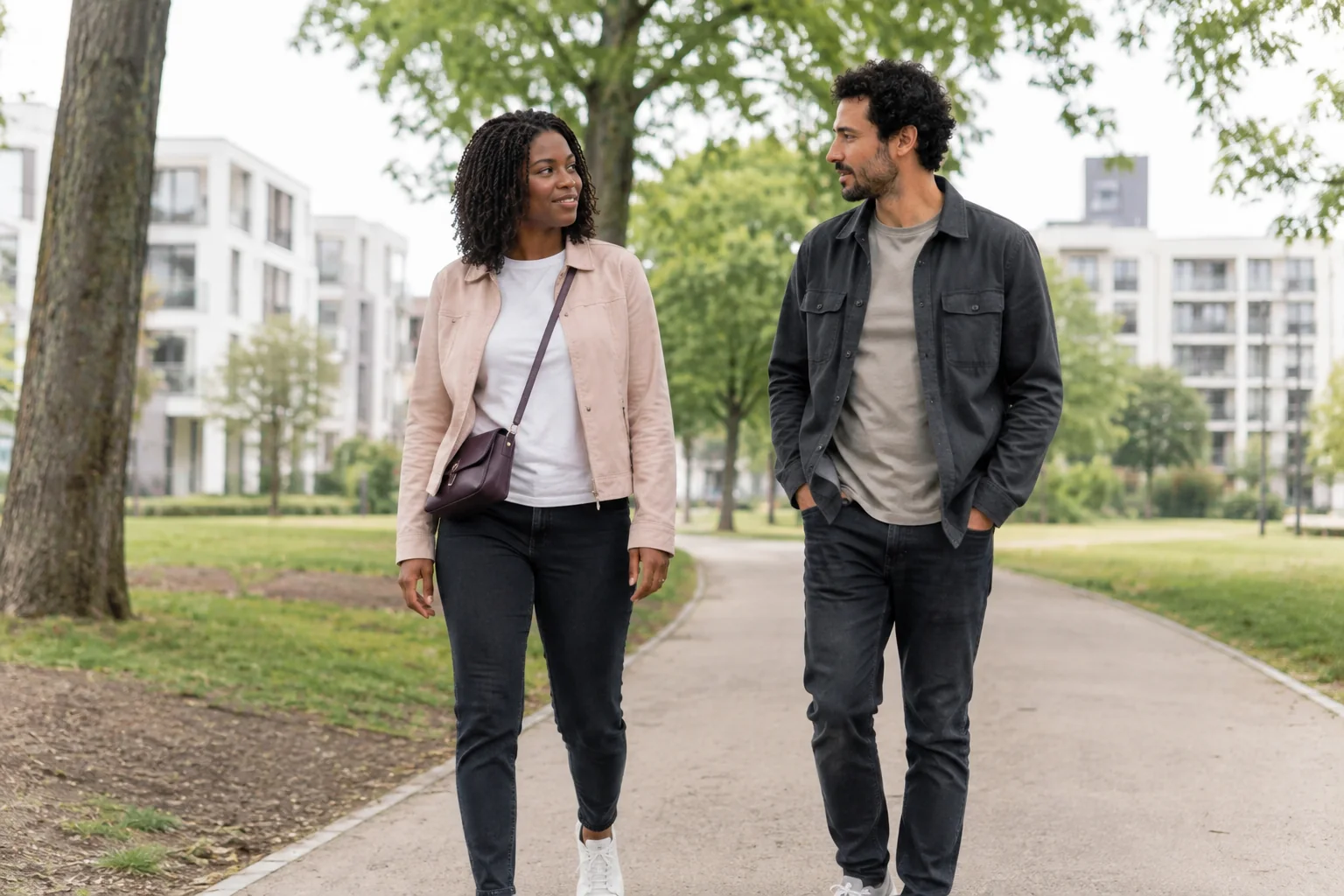 A woman and a man walking together along a neighbourhood park path.