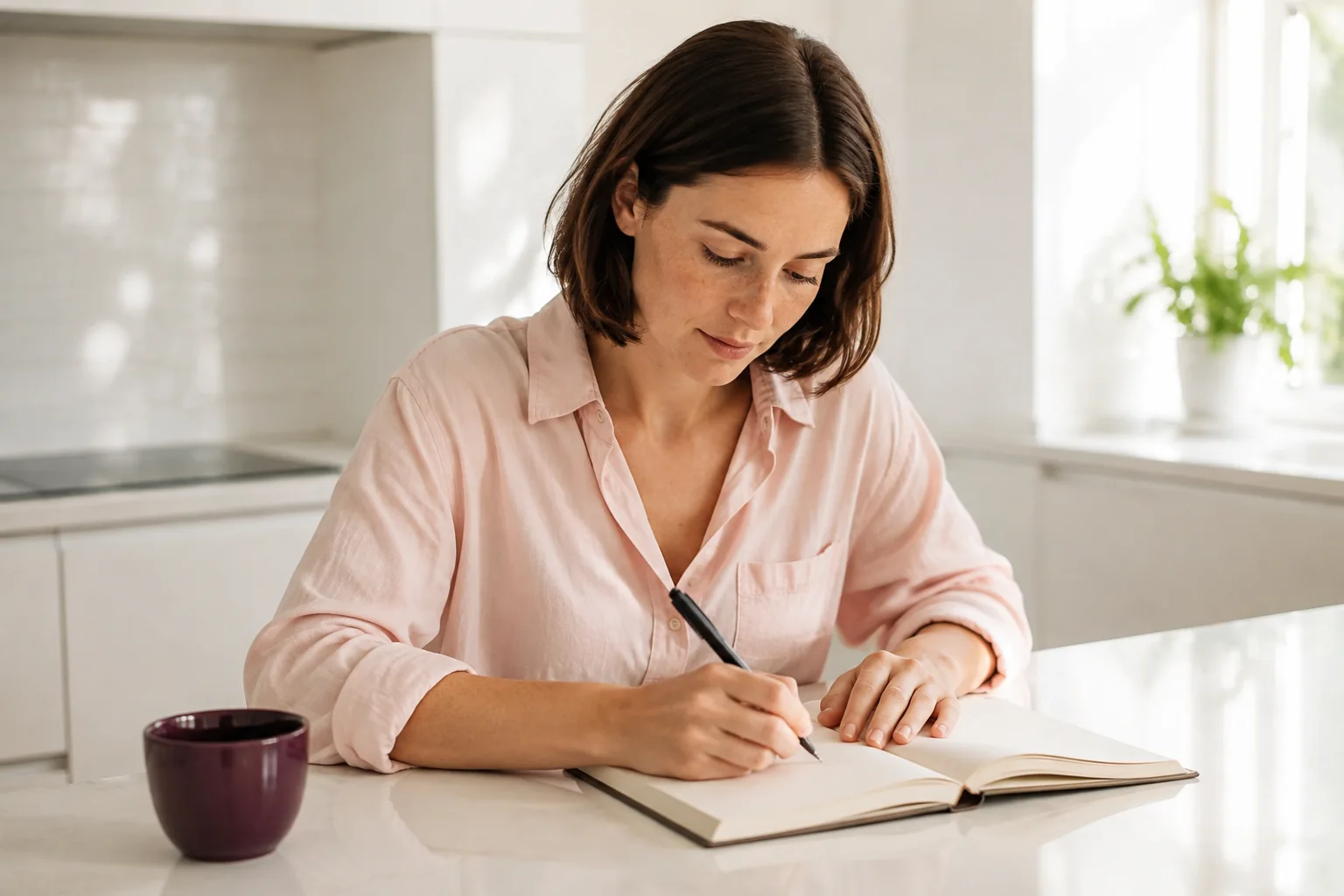 A woman sits at a small kitchen counter, writing in an open notebook.
