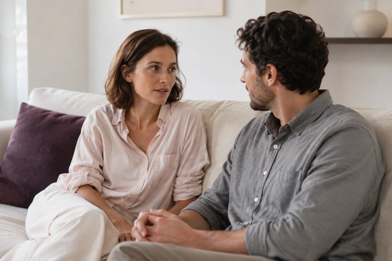 A woman and her partner sit facing each other on a sofa during a conversation.
