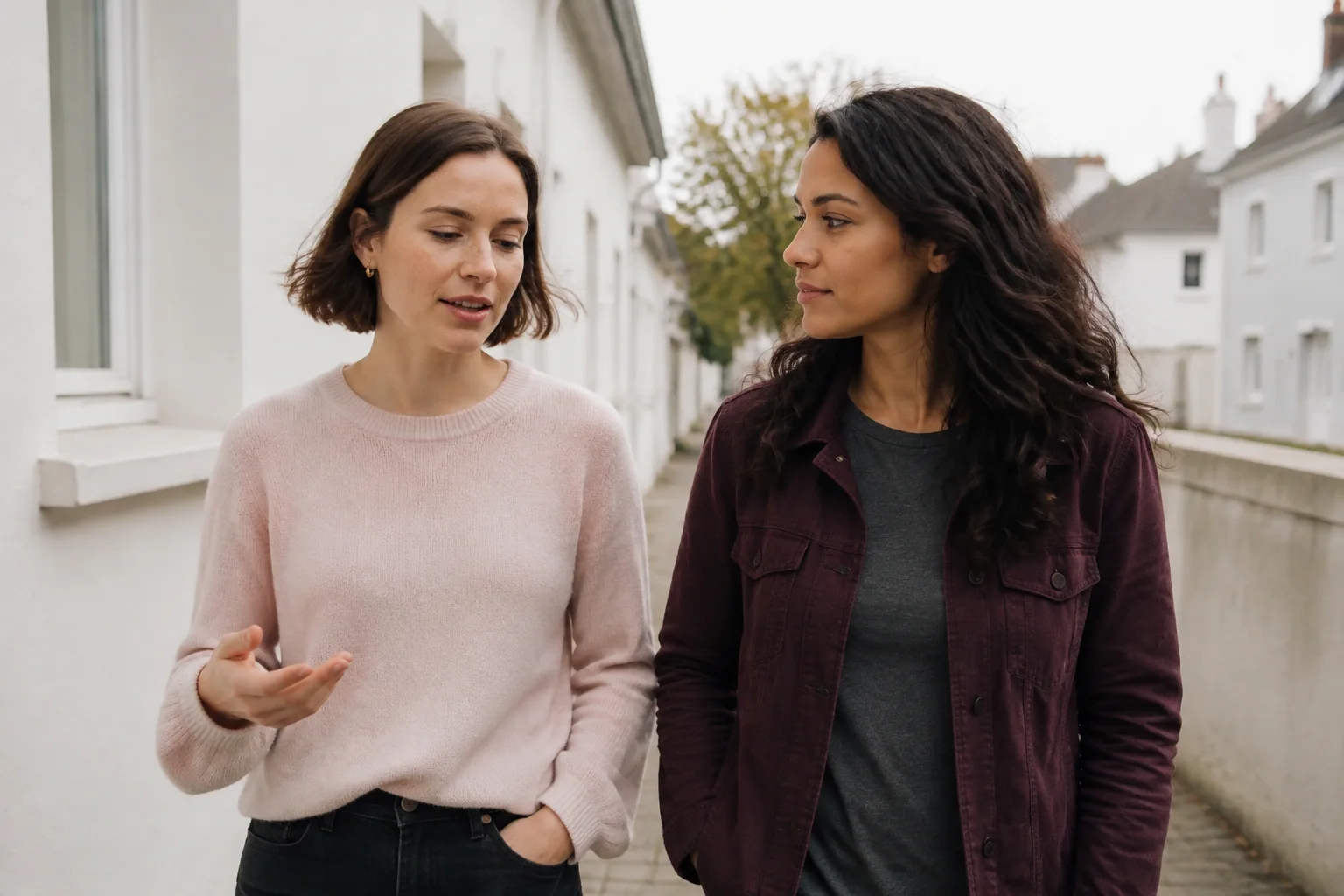 A woman talks with a female friend while walking along a neighbourhood path.