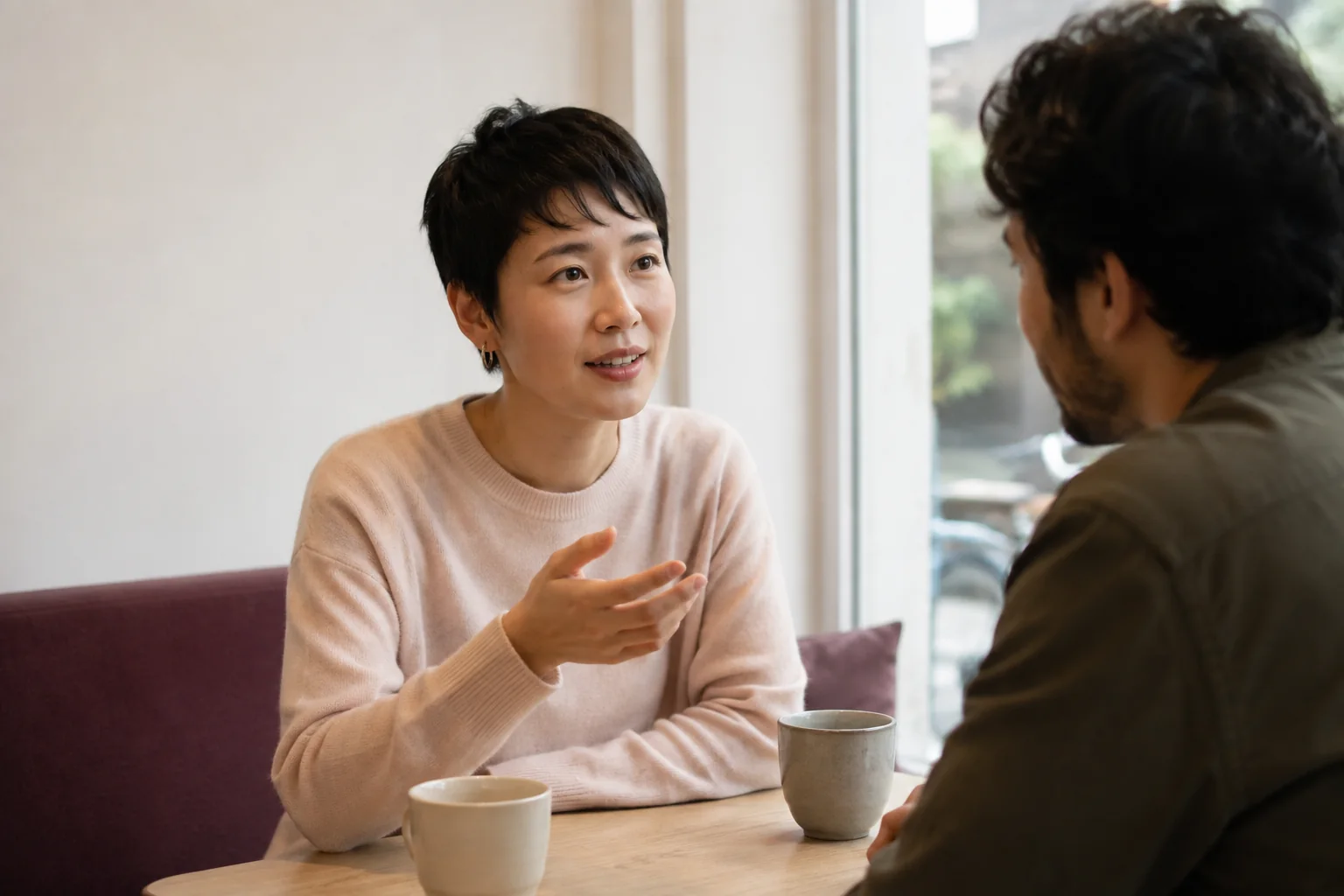 A woman in a pale blush jumper talking with a date in a bright neighbourhood cafe.