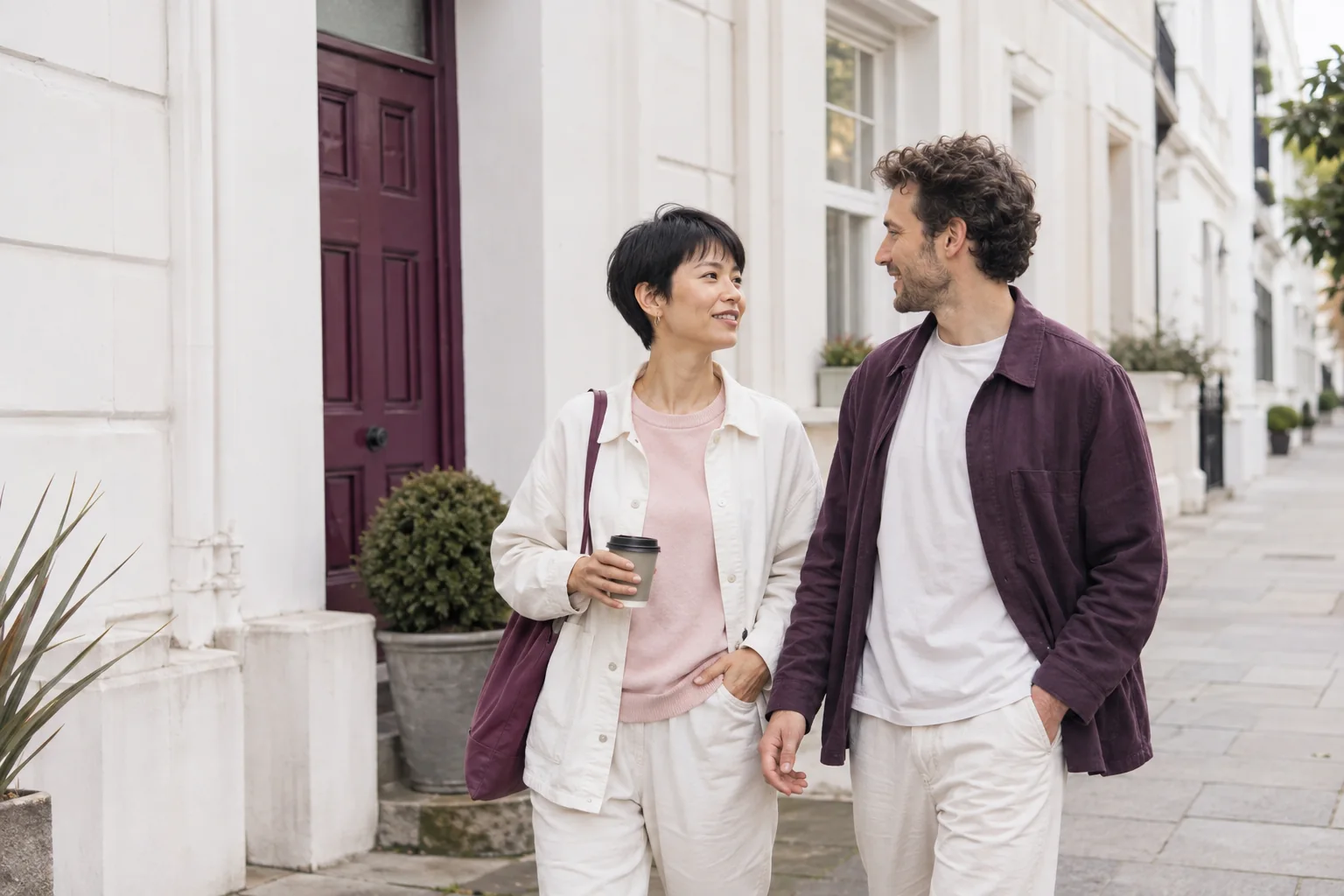 A dark-haired woman and her date talking while walking along a residential street.