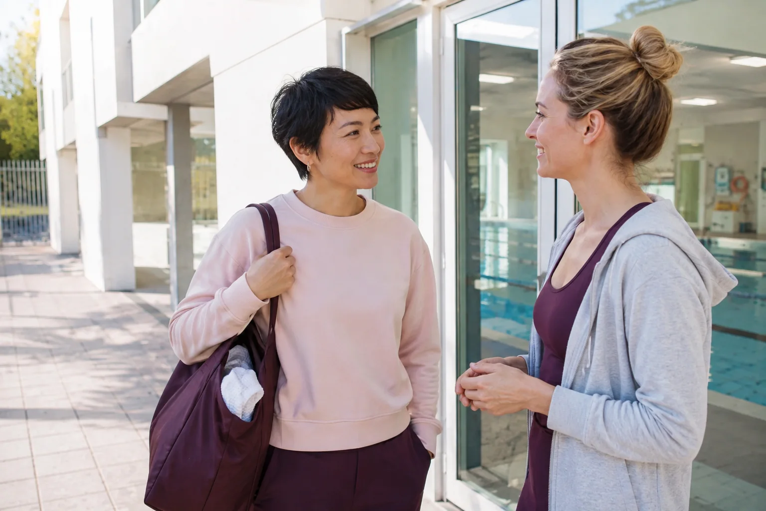 A woman with a swimming bag greeting another woman outside a neighbourhood pool.