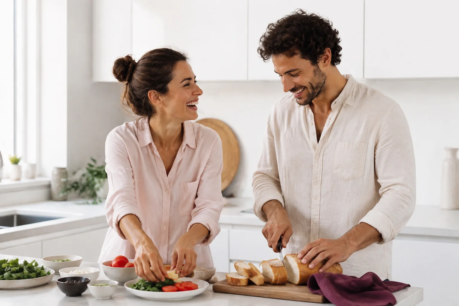 A woman and a man laughing together while preparing lunch in a bright kitchen.