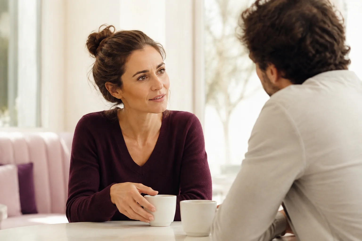 A woman speaking with a man across a small cafe table.