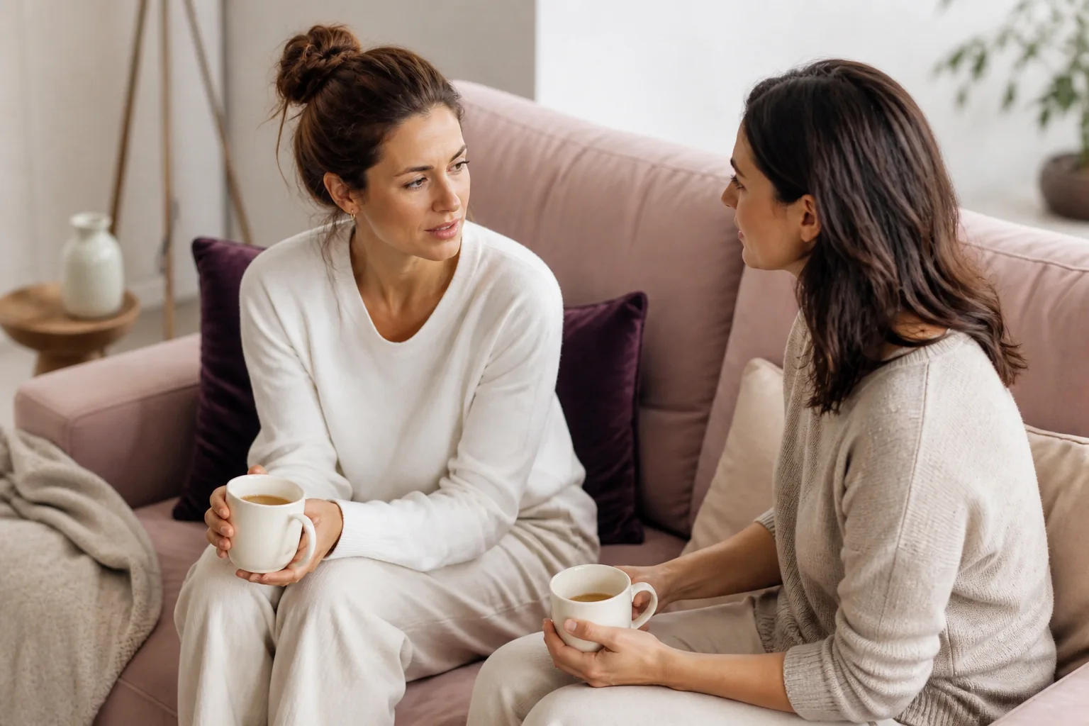 A woman sitting with a female friend on a sofa, talking over mugs of tea.